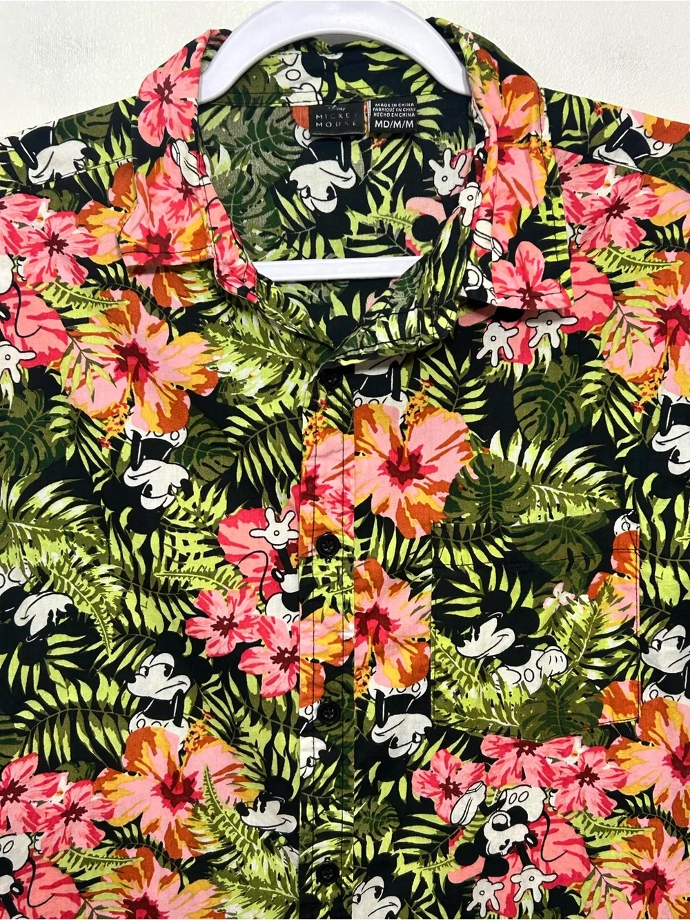 Disney Mickey Mouse Tropical Hawaiian Floral Button Up Shirt Mens Size Medium